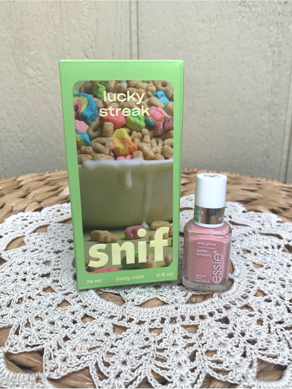 Snif Lucky Streak Body Mist and Essie Jelly Gloss Nail Polish in Blush Jelly